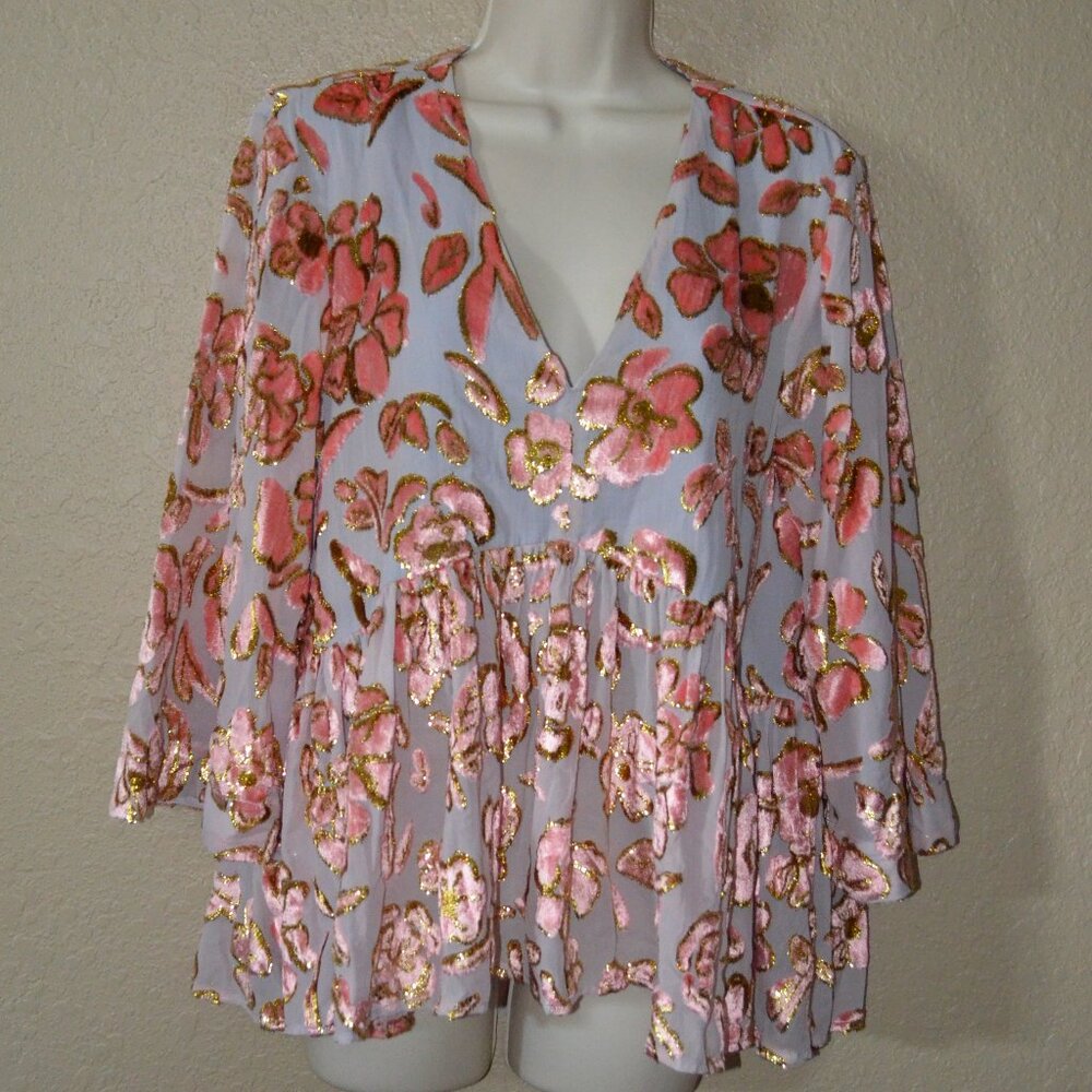 $350 Sz XS Stine Goya Purple Pink Gold Velvet Detail Babydoll Blouse